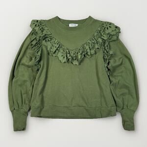 Crosby By Mollie Burch Ollie Sweater Size XS Green French Terry Eyelet Ruffle